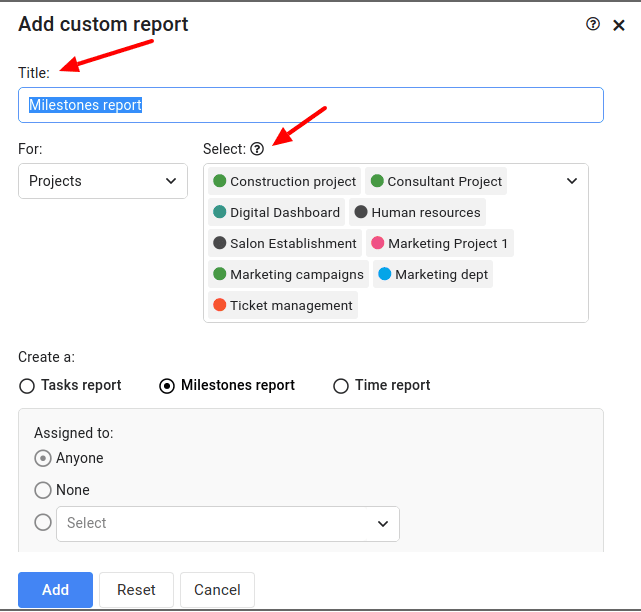 Custom project and resource reports